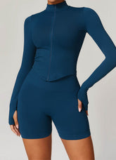 Full Zip Cropped Workout Jacket with Thumb Holes