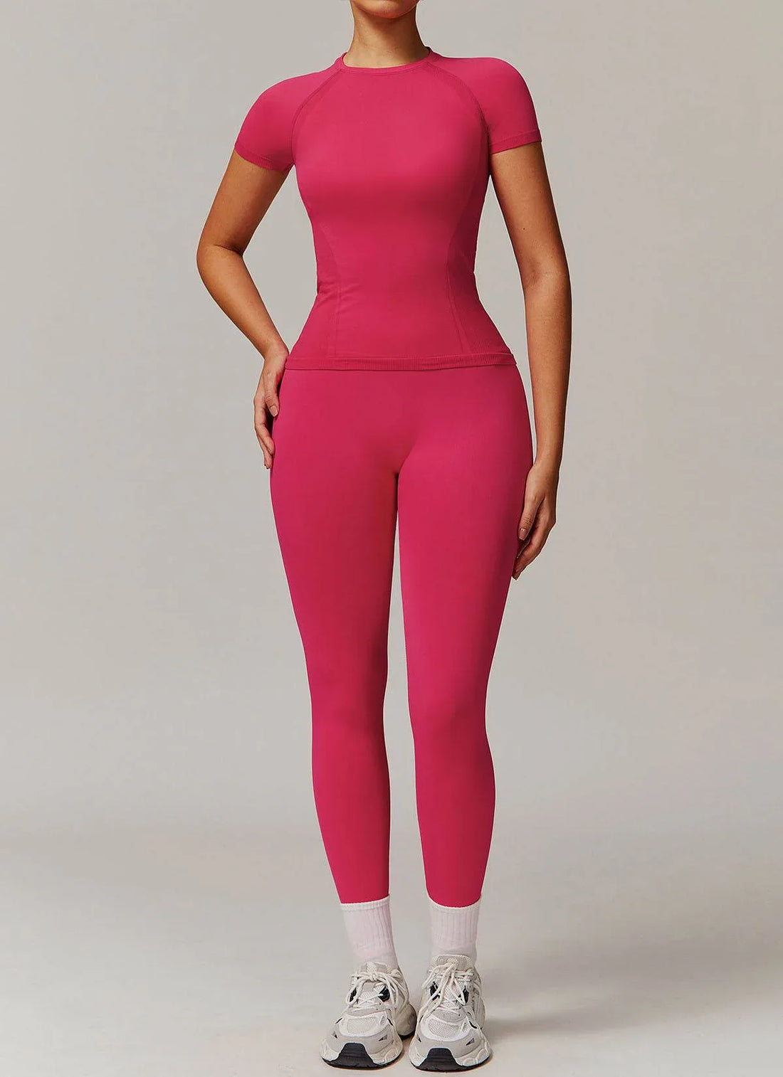 Yoga Wear Set with Short Sleeve T-Shirt and Legging - Raspberry Red