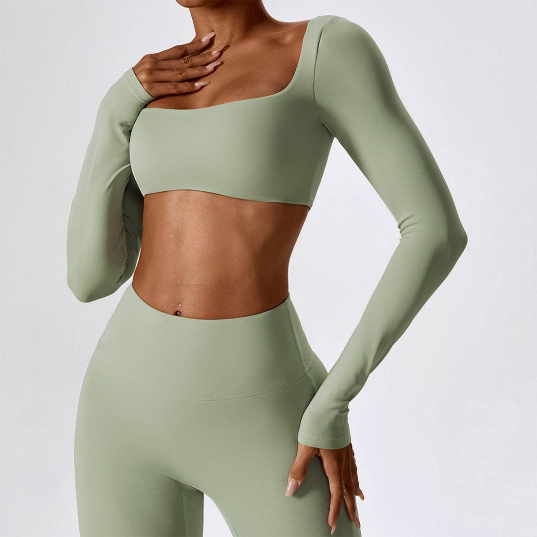 Square Neck Yoga Crop Tops Long Sleeve T-Shirt