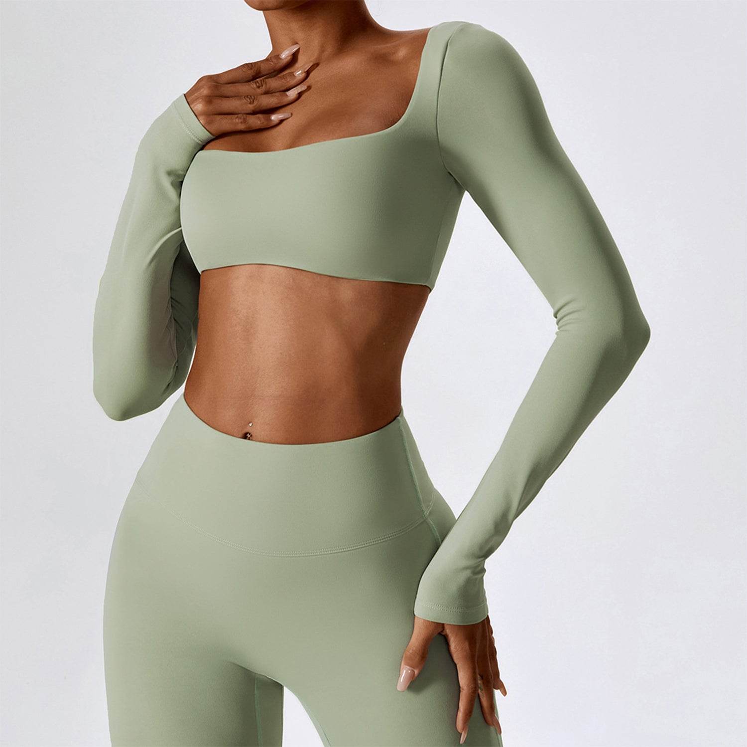 Square Neck Yoga Crop Tops Long Sleeve T-Shirt