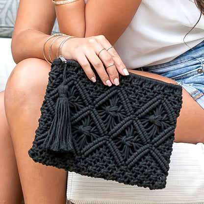 Geometric Print Fabric Straw Woven Clutch Bag