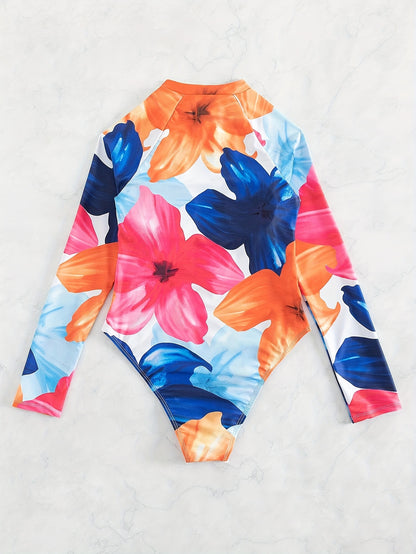 Floral Pattern One-piece Long Sleeve Swimsuit