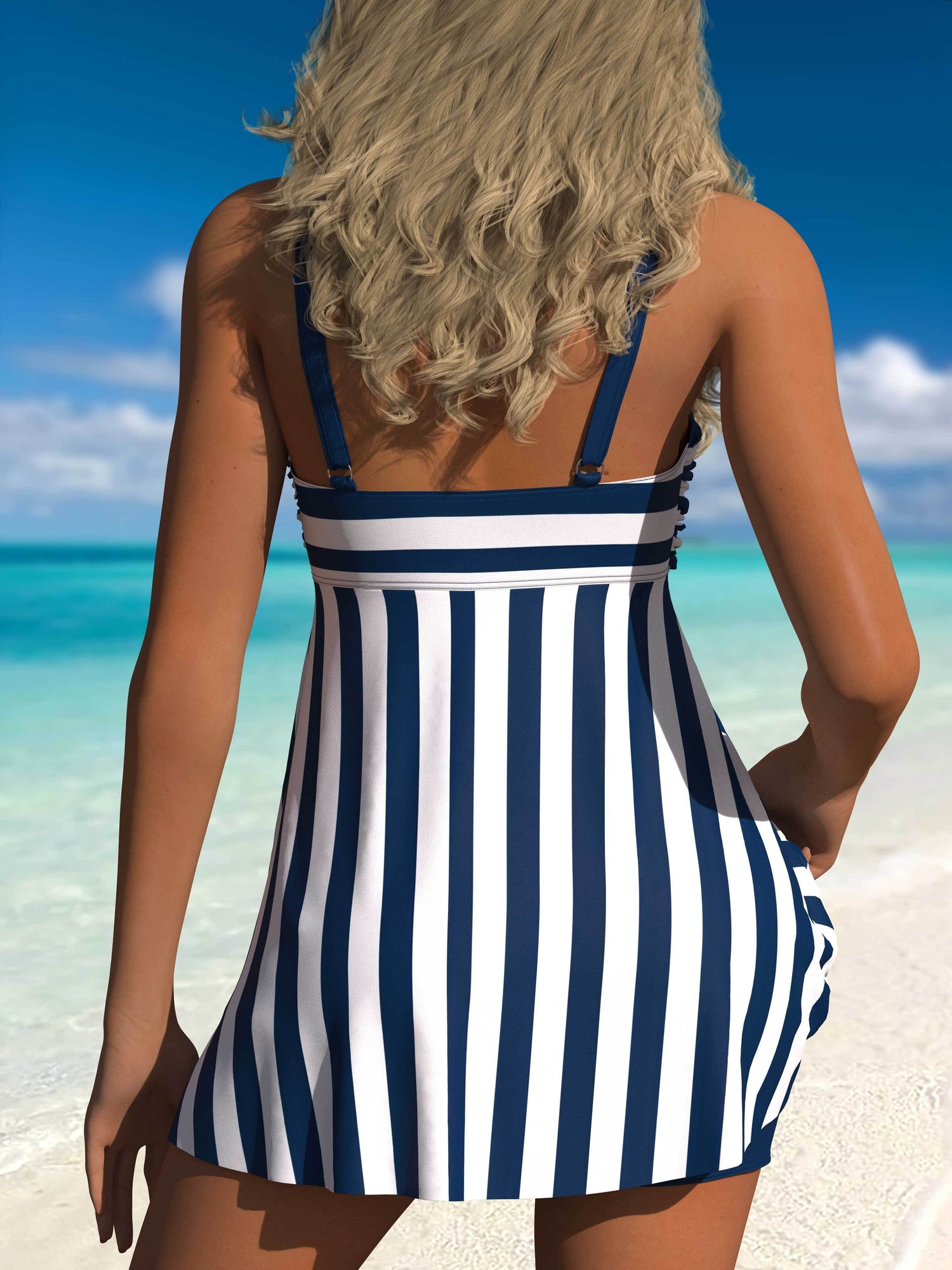 2 Piece Striped Print Tankini Swimsuit Set