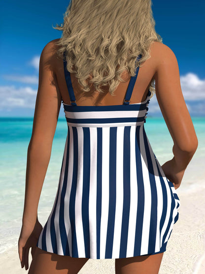 2 Piece Striped Print Tankini Swimsuit Set