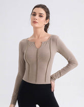 V Neck Long Sleeve Tops Casual Slim Fitted T-Shirt