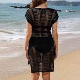 Short Sleeve Crochet Swim Drawstring Cover Ups Dress