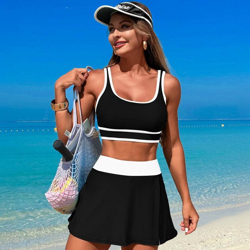 Two Piece Color Block High Waisted Bikini Sets - Black White