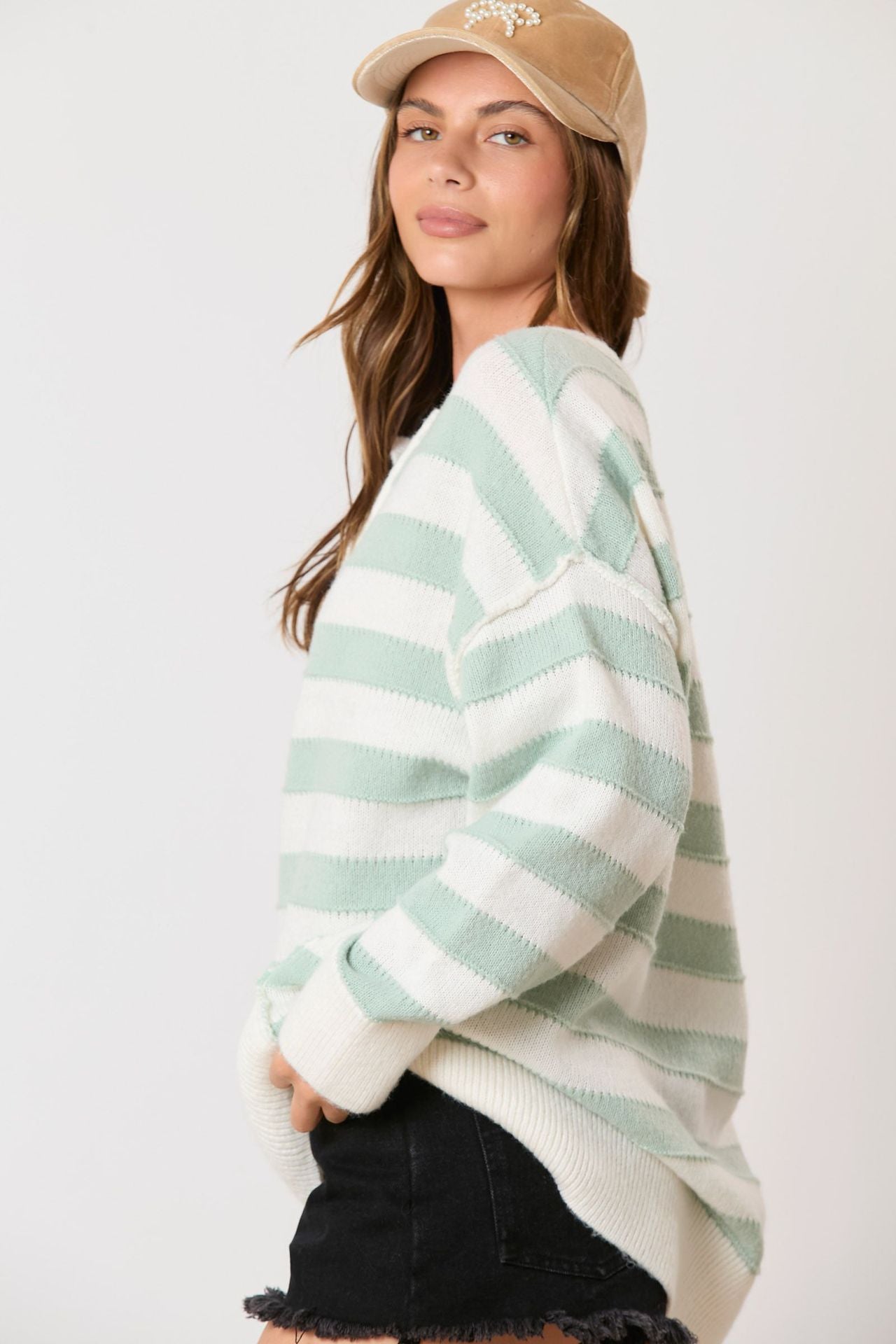 Long Sleeve Button Striped Pullover Sweater