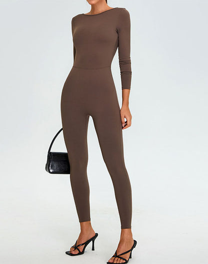 Long Sleeve Backless Workout Jumpsuit One Piece Bodysuit