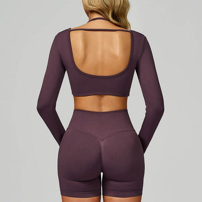 Backless Long Sleeve Workout Crop Top Gym Shirt with Halter