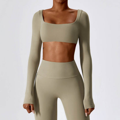 Square Neck Yoga Crop Tops Long Sleeve T-Shirt