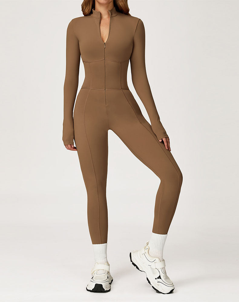 Contour Seams Workout Jumpsuit Zip Up One Piece Bodysuit