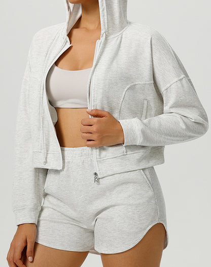 Long Sleeve Hooded Zip Up Casual Crop Coat with Pockets