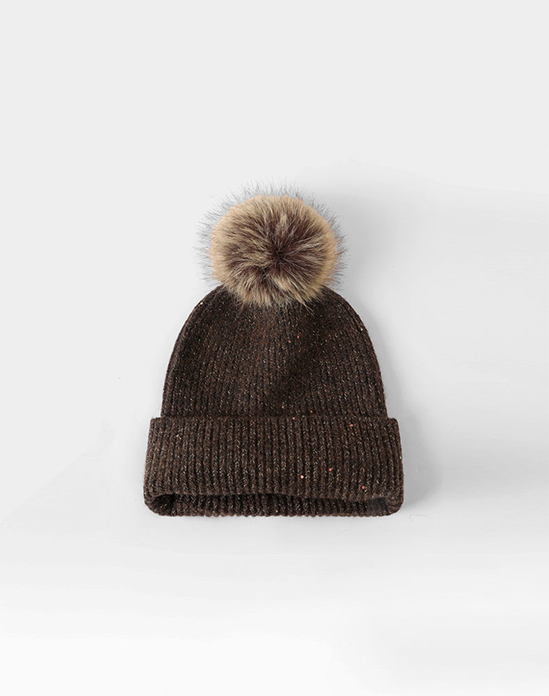 Winter Knitted Beanie Hat with Faux Fur Pom