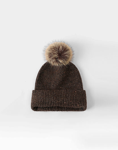 Winter Knitted Beanie Hat with Faux Fur Pom