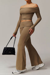 Active Wear Set with Long Sleeve Off Shoulder Crop Top and Flare Pants