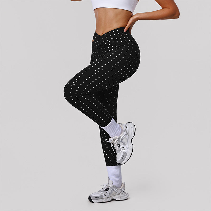 Silver Polka Dot Yoga Leggings Cross-cut Black Workout Pants