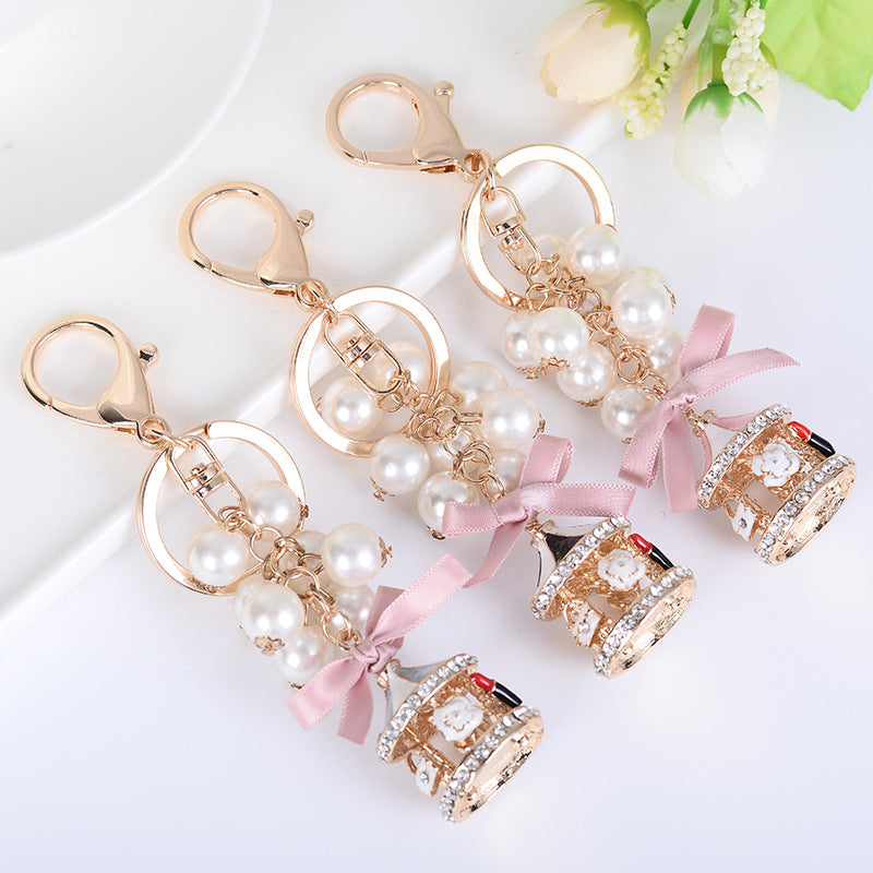 Carousel Bag Keychain with Bow Knot and Pearls Pendant