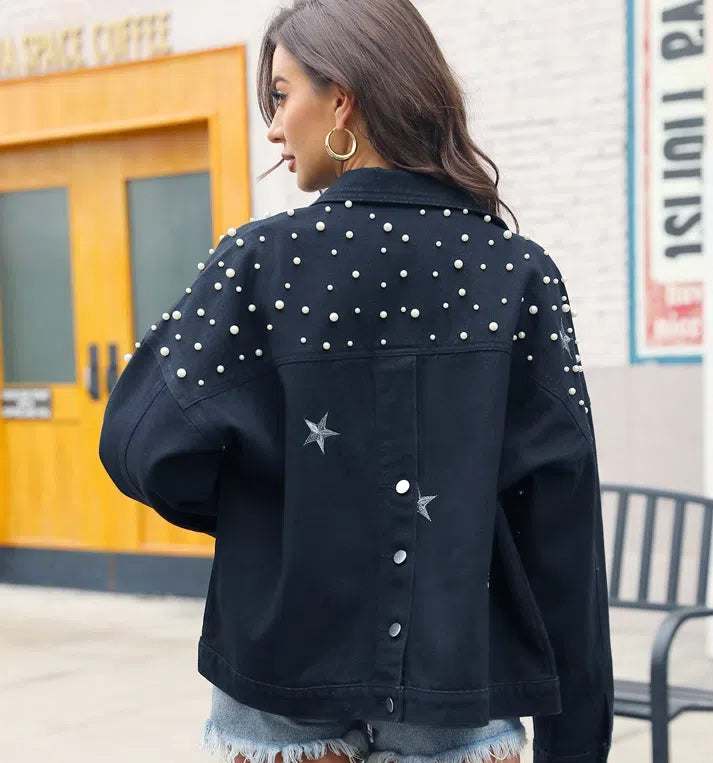 Cropped Jean Jacket | Embellished with Pearls and Star Designs