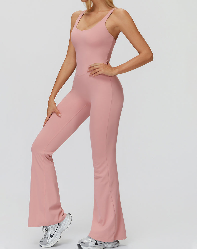 Cross Back One Piece Jumpsuit Yoga Flare Leg Rompers