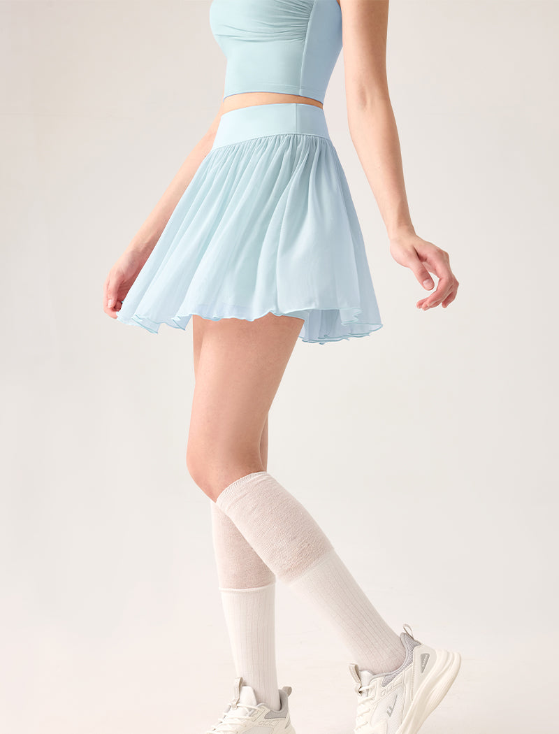 Mesh Sheer Pleated Skirt Tulle Skirt with Short and Pocket