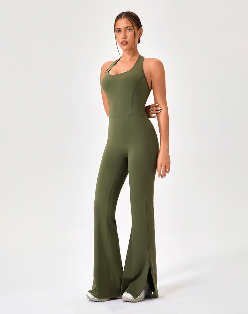 Halter Neck Flare Jumpsuit One Piece Side Split Yoga Rompers