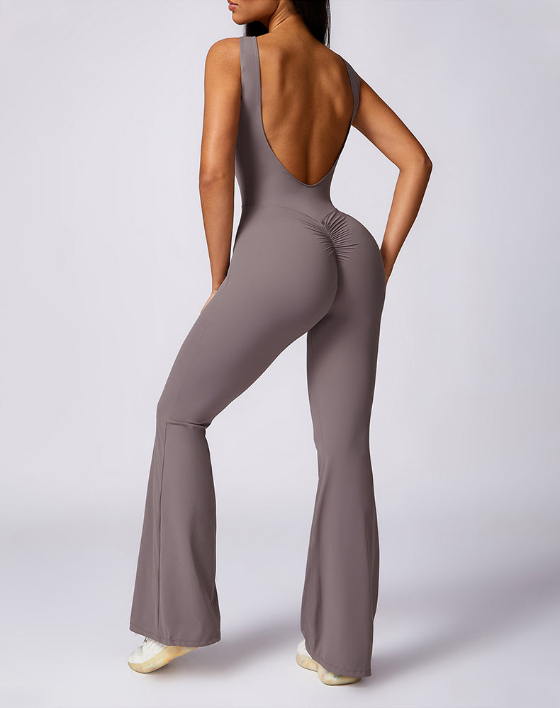 Backless Yoga Flare Jumpsuit Sleeveless Workout Romper