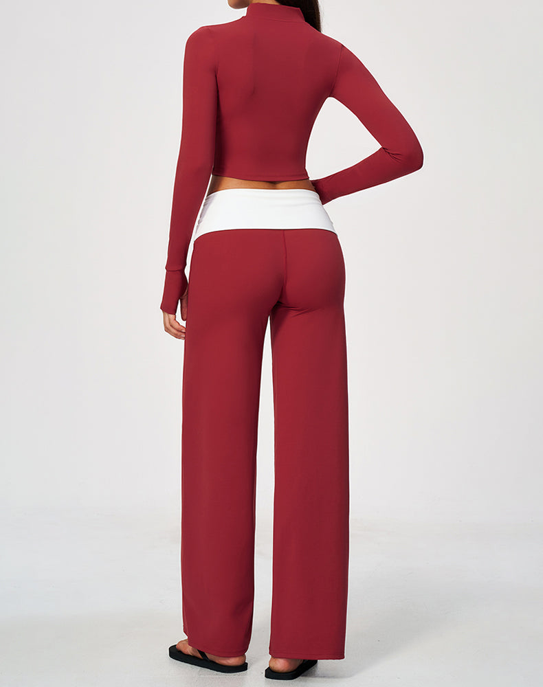 3 Piece Sports Bra Cropped Jacket and Fold Over Flare Pant
