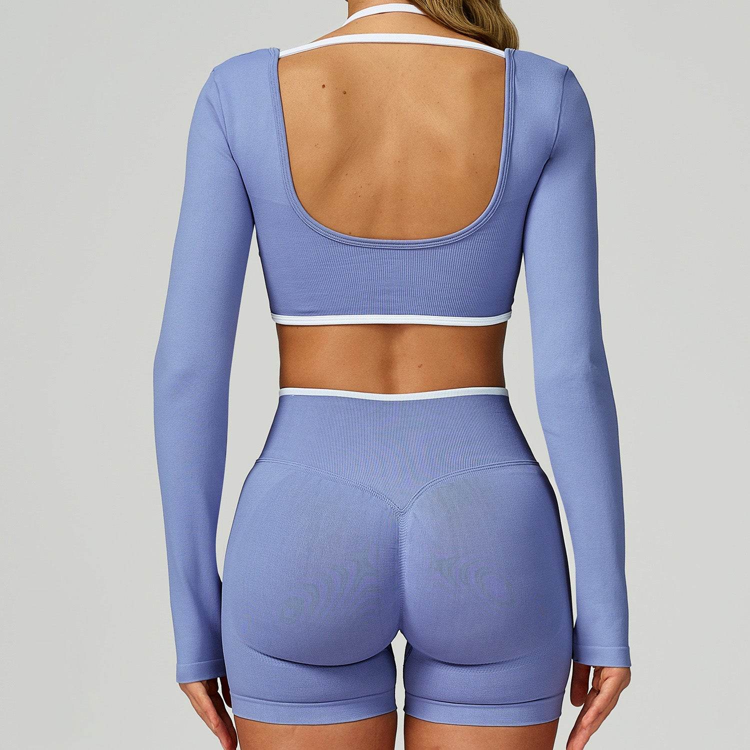 Backless Long Sleeve Workout Crop Top Gym Shirt with Halter