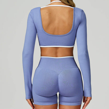 Backless Long Sleeve Workout Crop Top Gym Shirt with Halter