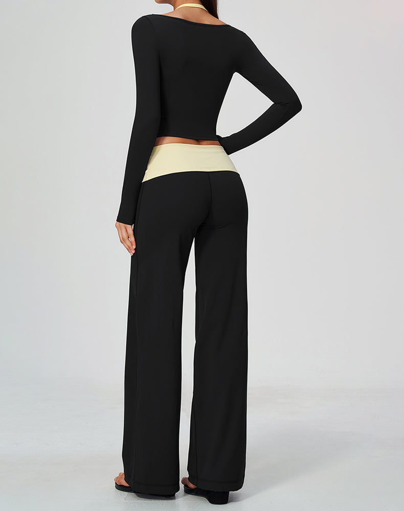 2 Piece Long Sleeve Sports T-Shirt and Fold Over Flare Pant