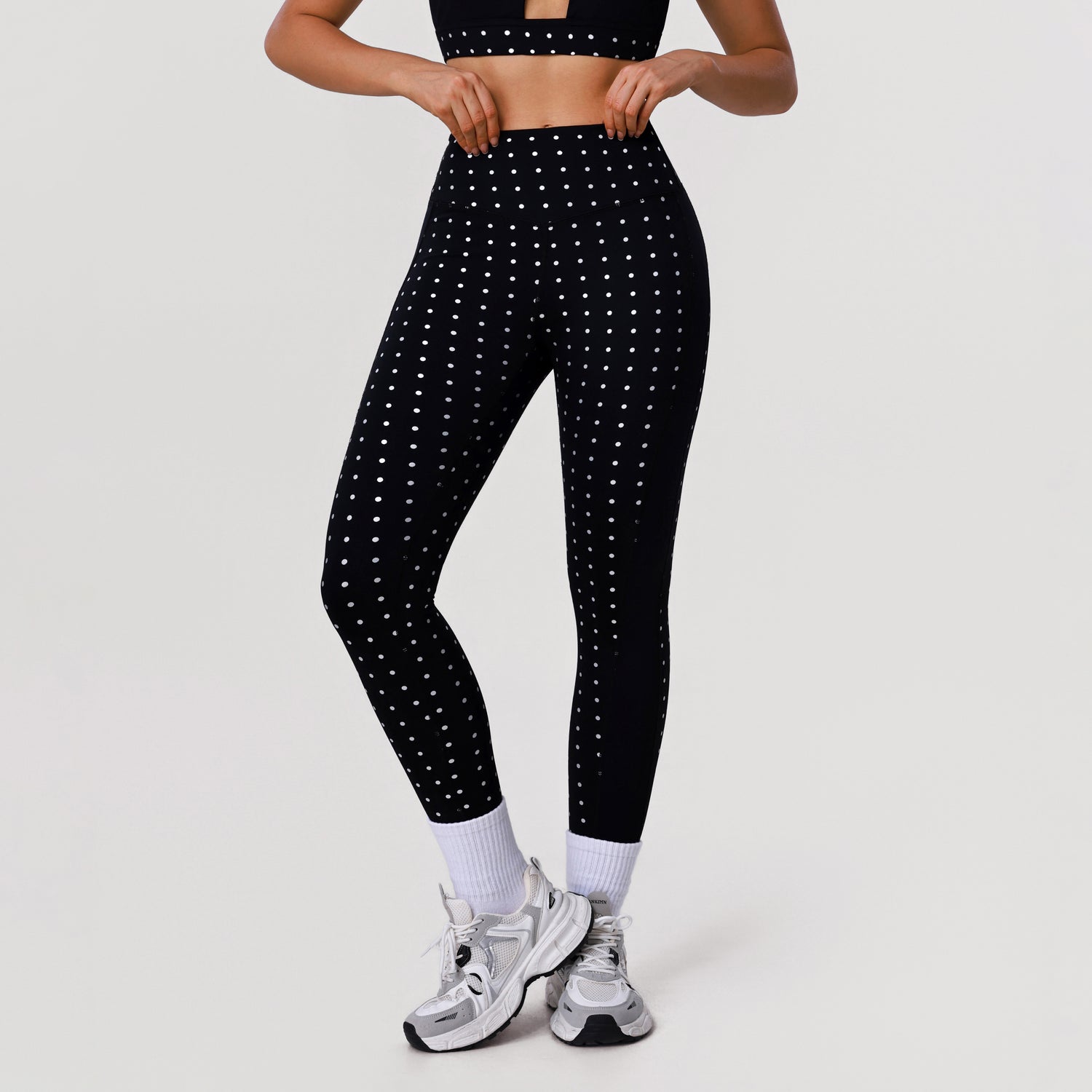 White Polka Dot Black High Waist Leggings Yoga Pants