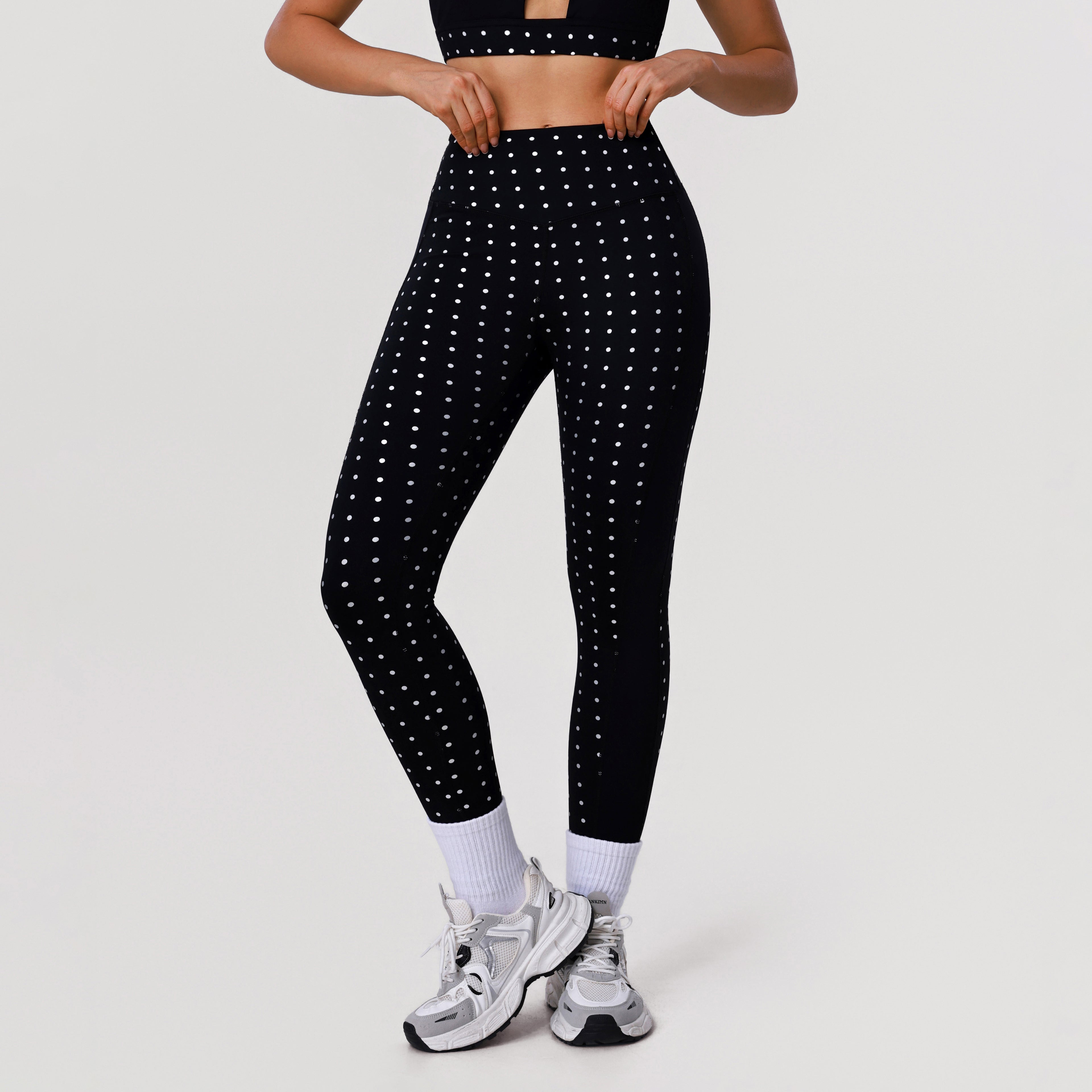White Polka Dot Black High Waist Leggings Yoga Pants
