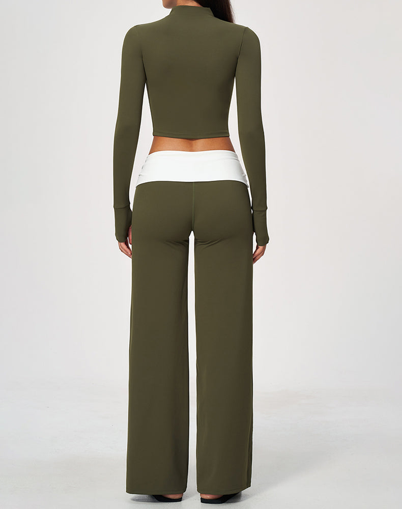 2 Piece Full Zip Cropped Jacket and Fold Over Flare Pant
