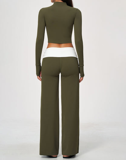 2 Piece Full Zip Cropped Jacket and Fold Over Flare Pant