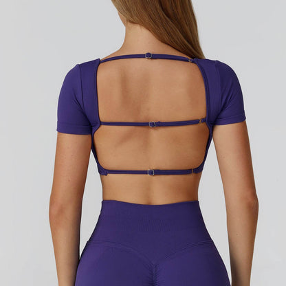 Short Sleeve Crop Top Yoga T-Shirt with Built in Bra
