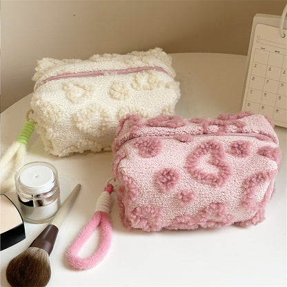 Cute Plush Heart Cosmetic Bag with Hanging Lanyard