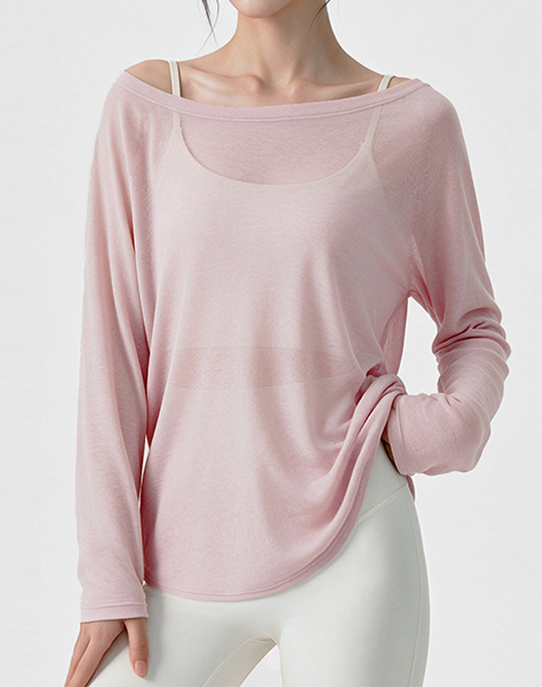 Off Shoulder Long Sleeve Sheer Mesh Yoga Tops