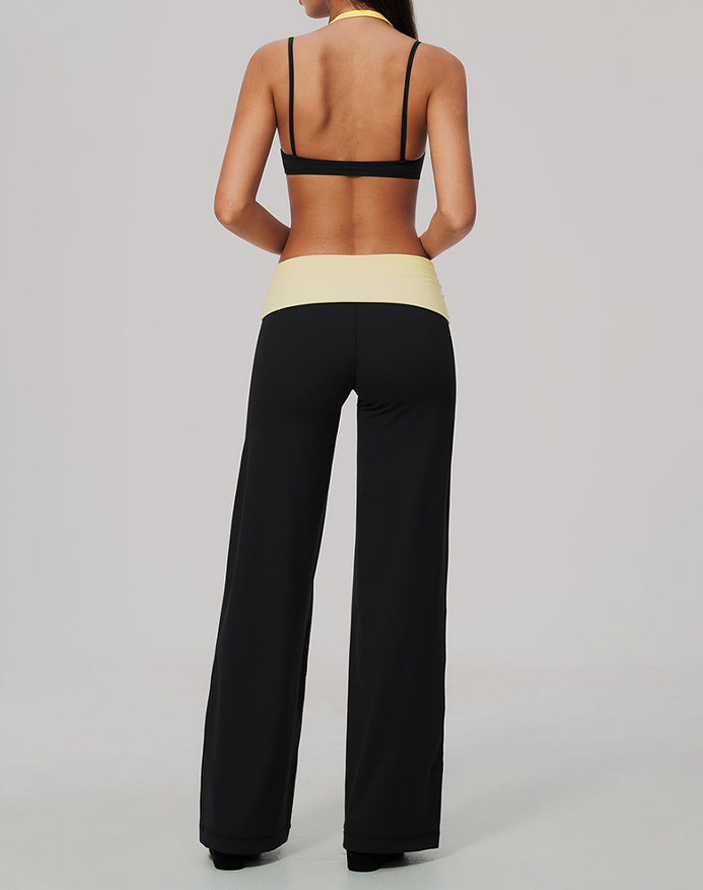 2 Piece Color Block Sports Bra and Fold Over Flare Pant Sets