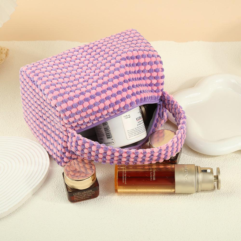 Plaid Two-tone Pillow Cosmetics Bag with Handle | Easy to Carry