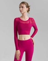 Mesh Long Sleeve Crop Tops V-shaped Cutout Back Yoga T-Shirt