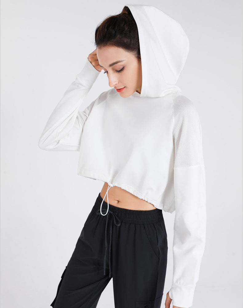 Drawstring Cropped Hoodies with Thumb Holes