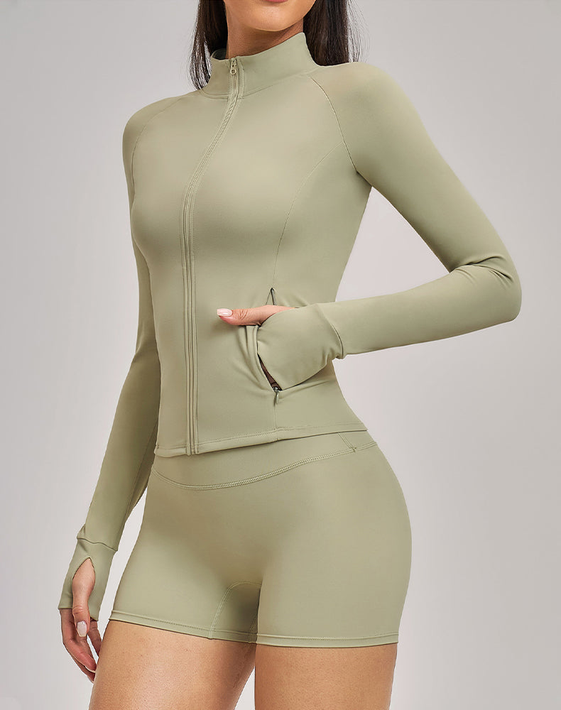 Cropped Athletic Jacket with Pockets and Thumb Holes