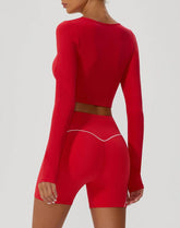 Solid Color Crop Top Yoga Long Sleeve V Neck T-Shirts