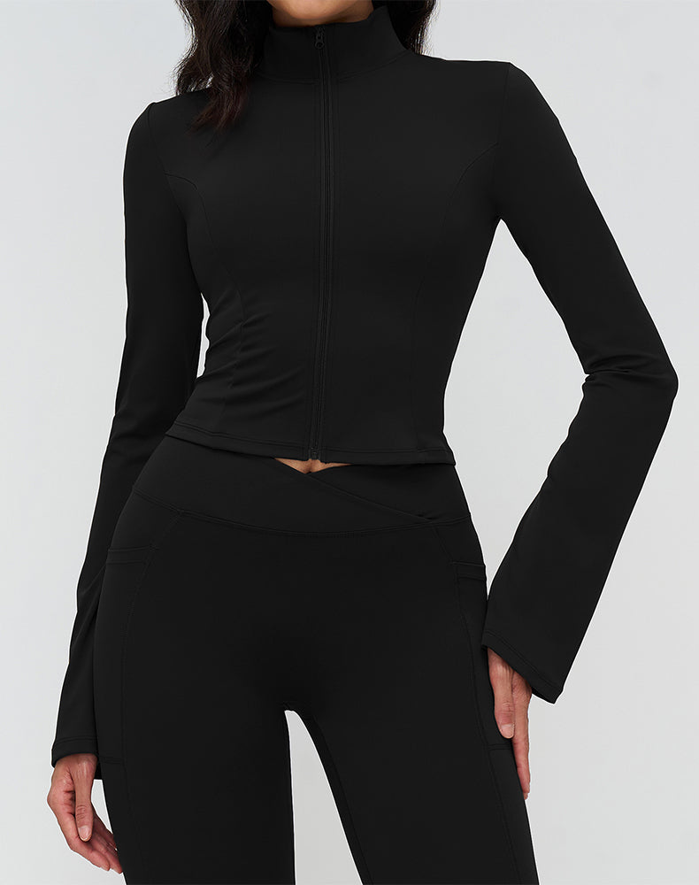 Full Zip Up Workout Cropped Jackets Flared sleeve Yoga Tops