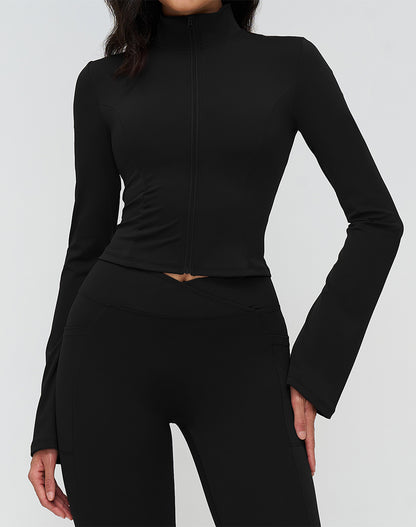 Full Zip Up Workout Cropped Jackets Flared sleeve Yoga Tops