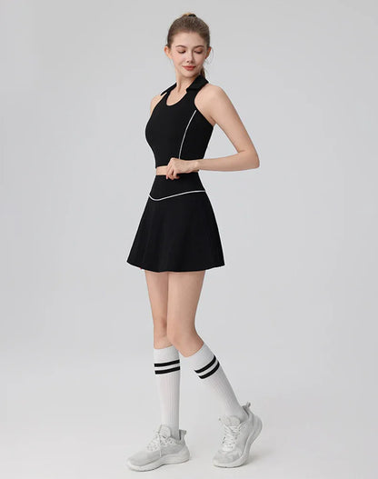 Tennis Sets with Polo Collared Crop Tank Top and Golf Skirt -
