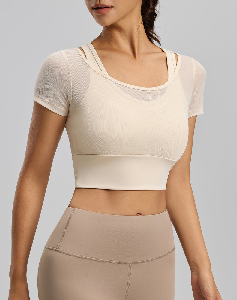 Short Sleeve Yoga Crop Tops Mesh Athletic T-Shirts