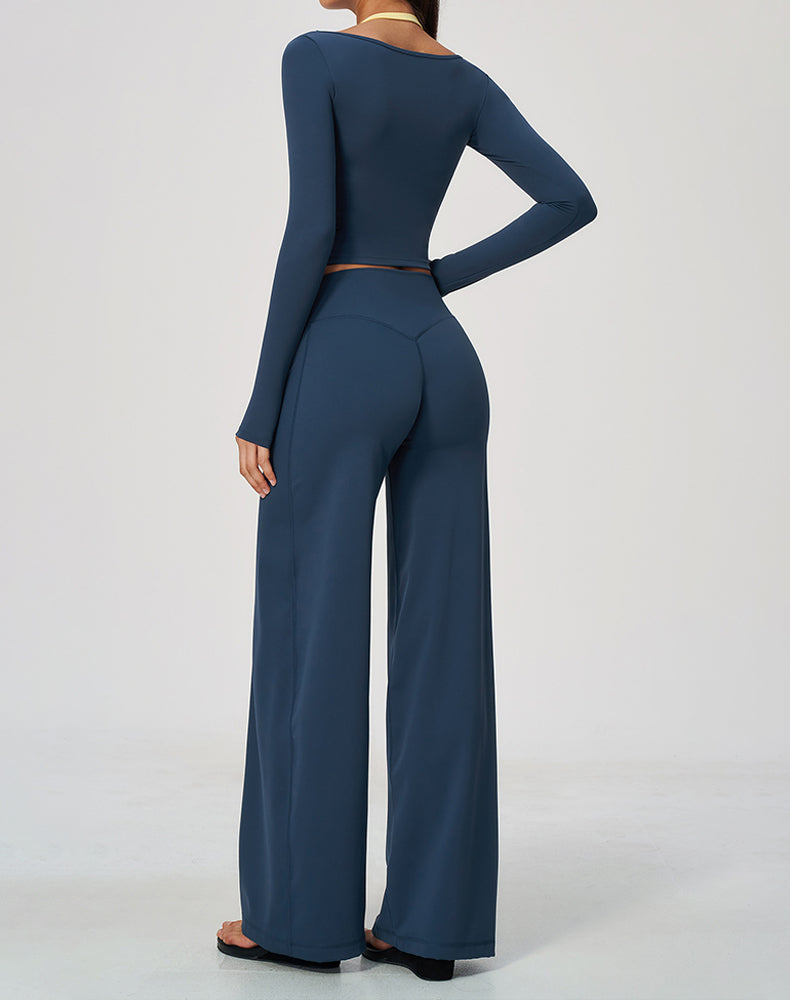2 Piece Long Sleeve Sports T-Shirt and Wide Leg Pant