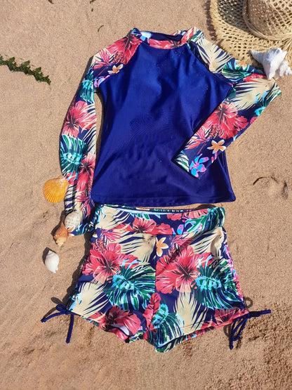 2-Piece Blue Floral Long Sleeve Swimsuit